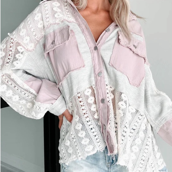 Beautiful POL Lace crochet Button down top.
Grey and Lilac. S, M, L - Picture 3 of 4